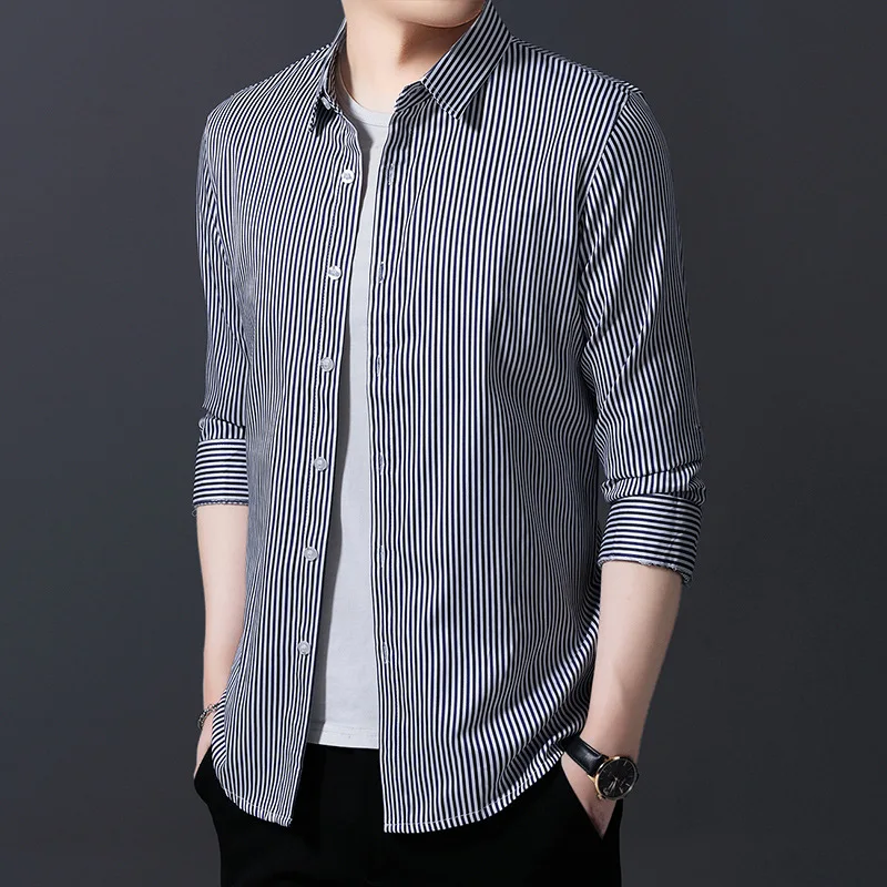 

MLSHP Long Sleeve Male Shirts High Quality Turn Down Collar Four Seasons Vertical Stripe Mens Dress Shirts 3XL