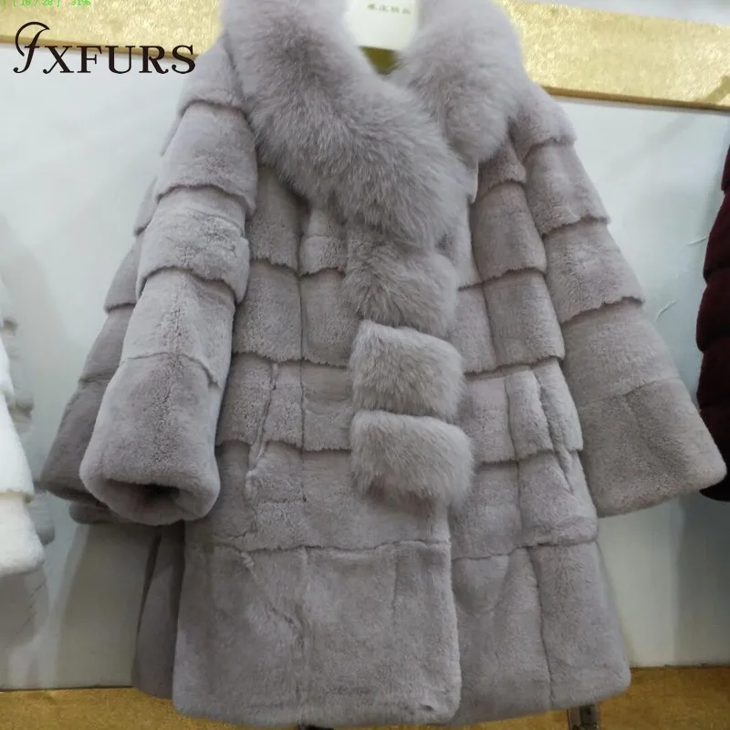 2020FXFURS New Winter Warm Rex Rabbit Fur Coats with Fox Fur Collars/Stripes Women Real Fur Jackets Long Overcoat Causal Russian