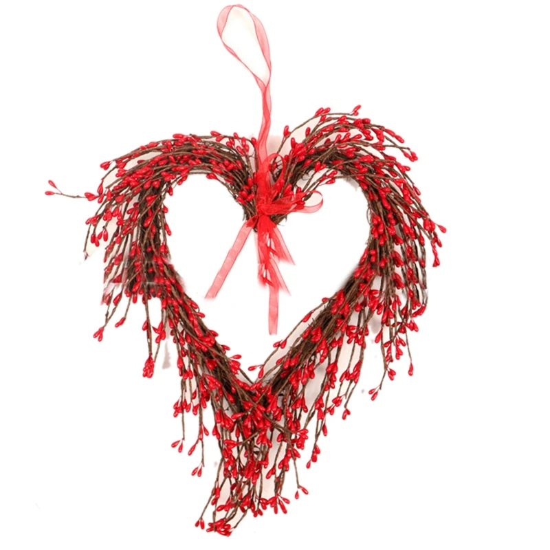 

Valentine's Day Wreath With Red Rose And Cones For Wall, Staircase, Door New Year Decoration Red Fruit With Light