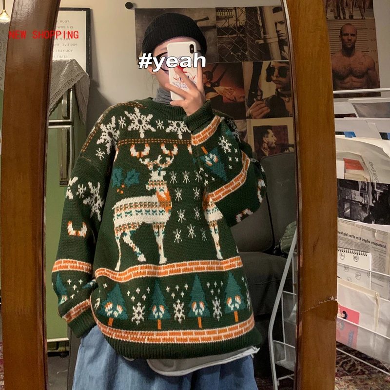 Unisex Christmas Sweater Funny Reindeer Printed Christmas Sweatshirt Men Crewneck Winter Xmas Sweaters Jumpers Tops Red Green
