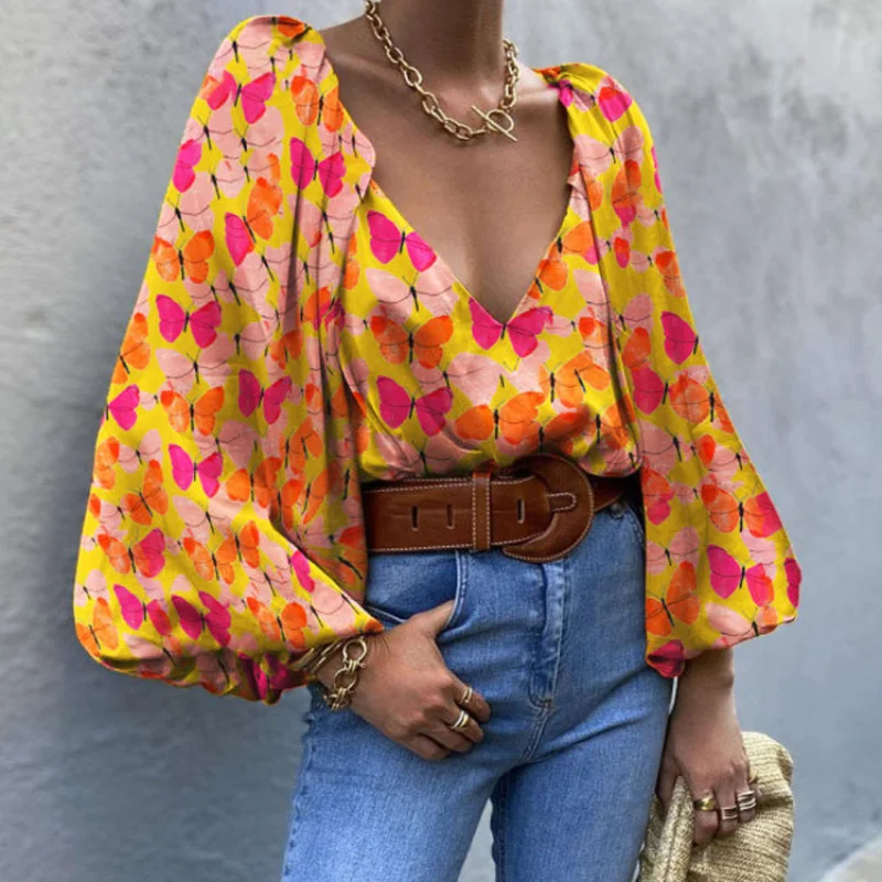 

Fashion Personality Women Tops Autumn Long Sleeve T-shirt Yellow Butterfly Print Loose Casual Oversized V-neck Ladies T-shirts