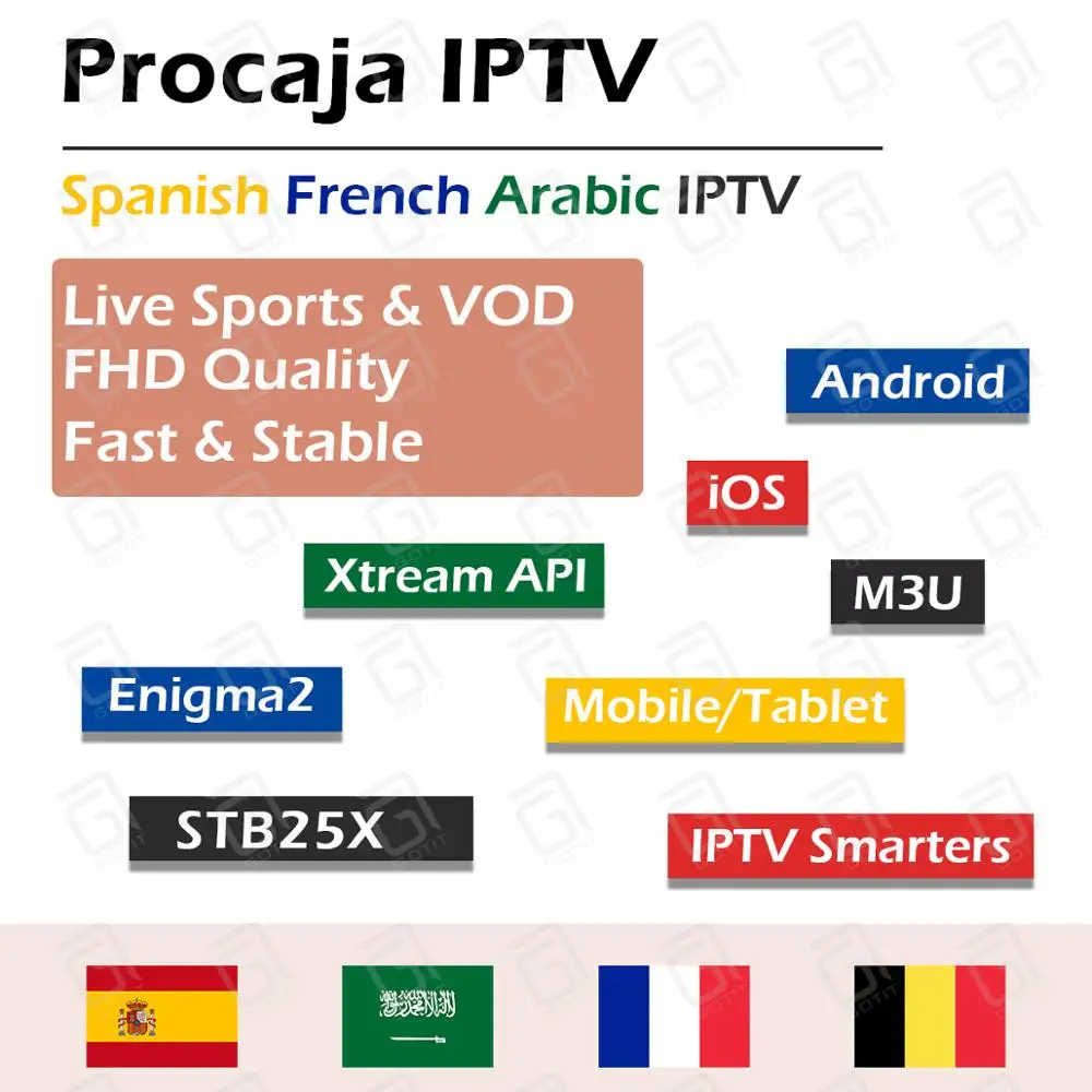 GoTiT Procaja ТВ подписка Испания Европа ТВ живой Спорт+ VOD для M3U Enigma2 ОС Android FHD французский IP ТВ Бельгия Арабский ТВ