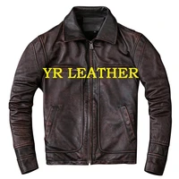 yrfree shipping wholesales mens genuine leather jacket brown vintage cowhide coat quality short biker slim jackets sales