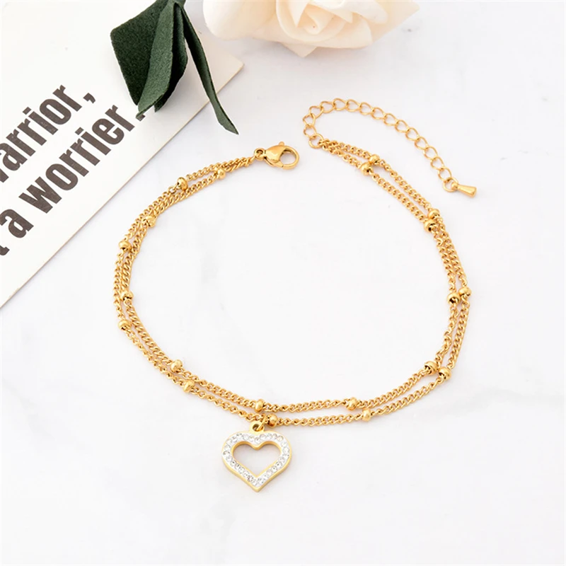 

Charm Double Layers Heart Chain Anklets for Women Couple 2021 New Fashion Gold Color Stainless Steel Jewelry Gifts Free Shipping