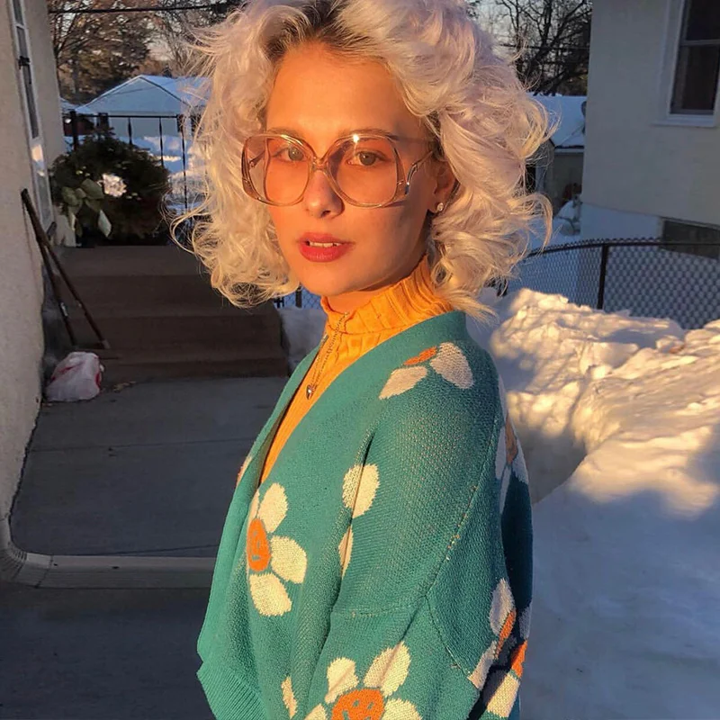 

Cute Sweet Chic Sunflower Cropped Cardigan Women Winter Streetwear Harajuku Knitted Sweater Cardigan Women Tops