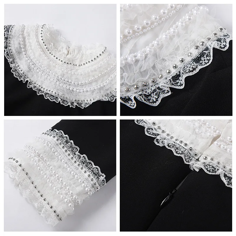 

2021 Spring New Elegant Ladies Pearl Beaded Lace Stitching Round Neck Long Sleeve Dress Female Luxury Banquet Black Mini Dress