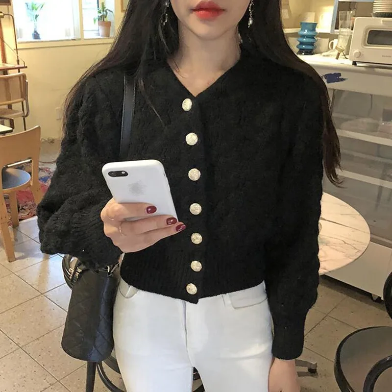 black cardigan women RealShe женский свитер,, v-образный вырез, длинный рукав-фонарик, на пуговицах, однотонный, Осень-зима, свитер для женщин, Повседневные свитера для женщин, кардиган - Цвет: black cardigan women