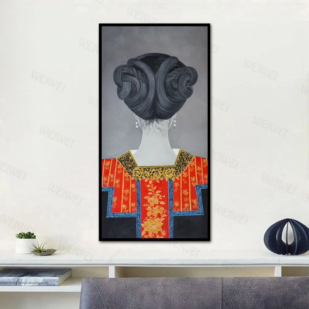 

New Chinese Style Background Parttern Wall Art Poster Canvas Painting Character Back View Hd Print Living Room Decor