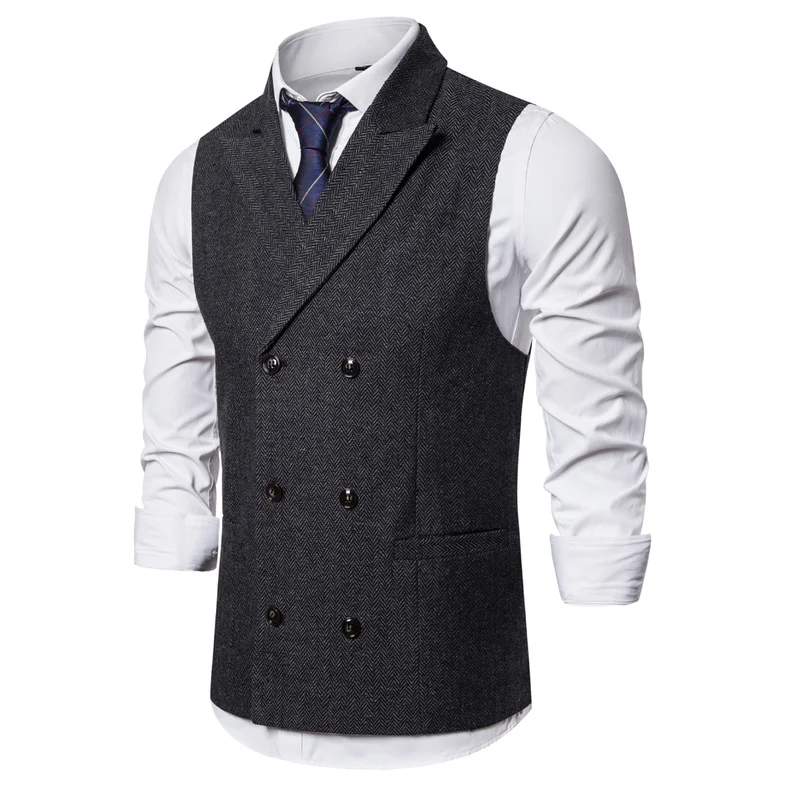 Brand Men's Waistcoat Fashion Retro Tweed Vests Classic Sleeveless Plaid Suit Vest British Style Double Breasted Gilet