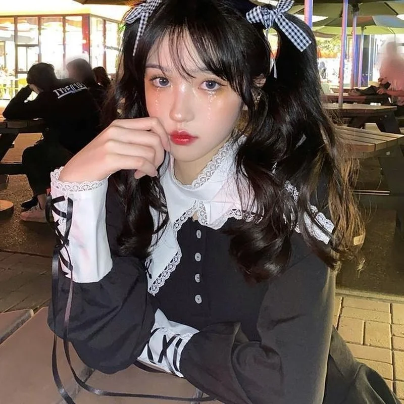 

Платье-мини женское трапециевидное в готическом стиле с длинным рукавом и кружевом