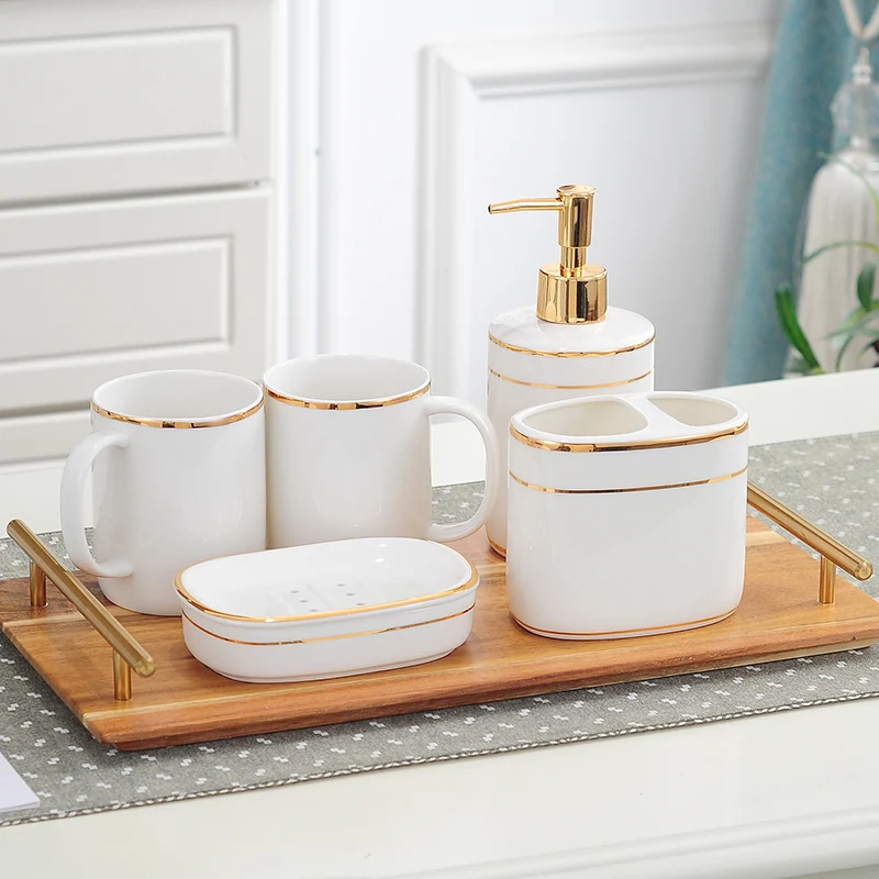 

Nordic Luxury Bathroom Five-piece Set with Tray / Washing Set Simple Couple Brushing Mouthwash Cup Ceramic Bathroom Supplies