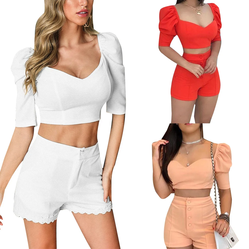 

Women's 2 Piece Solid Color Puff Short Sleeve V-Neck Cropped Tank Tpos, High-Waist A-Line Buttons Casual Shorts 2020 New Arrival