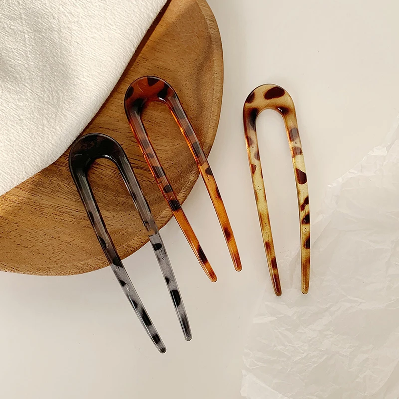 

New Korean Elegance Vintage Leopard Geometric U-shaped Plastic Fork Hairpins Headwear Accessories For Women Hair Style Tool