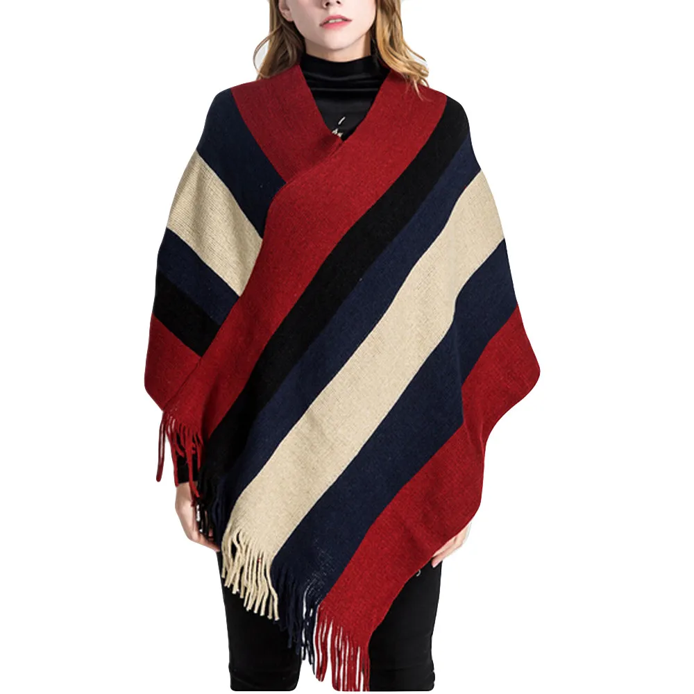 Женское одеяло в полоску с узором теплый платок пончо длинная шаль кисточками