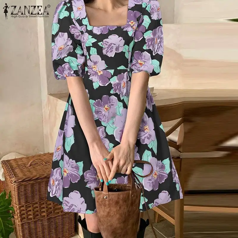 

Fashion Women's Printed Sundress ZANZEA 2021 Floral Mini Dress Short Sleeve Summer Vestidos Female Square Neck Robe