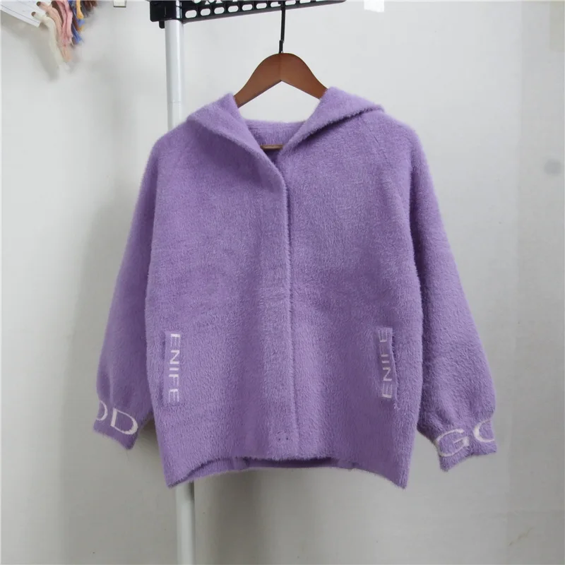 D00800 purple Осенне-зимняя Светодиодная лампа направленного света, пальто с капюшоном, свитер для женщин, модный принт, повседневные норковые свитера, Толстая теплая верхняя одежда для женщин - Цвет: D00800 purple