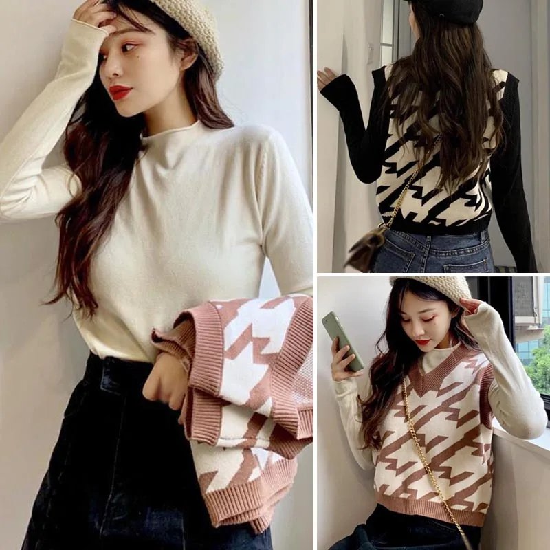 

Female Knitted Sweater Vest High Collar Basic Pullover And Geometric Vests Spring Autumn Sweater Outer Wear Womens Clothing w