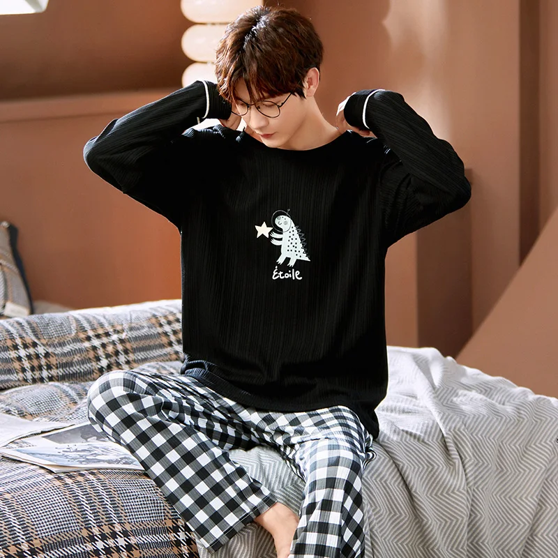 Young Men Pajamas for Spring Soft Breathable Cotton Home Clothing Sets Pullover Plaid Bottoms Casual Youth Teenagers Lounge Wear