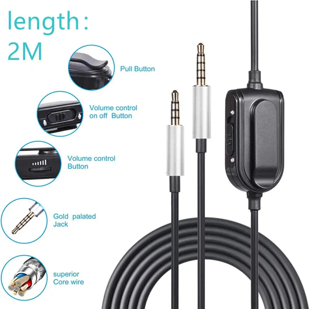 

For Astro- A10 A40 A30 Gaming Headset Replacement Cable Cord 2M 3.5mm Volume Control Extra Long Cable Practical Durable