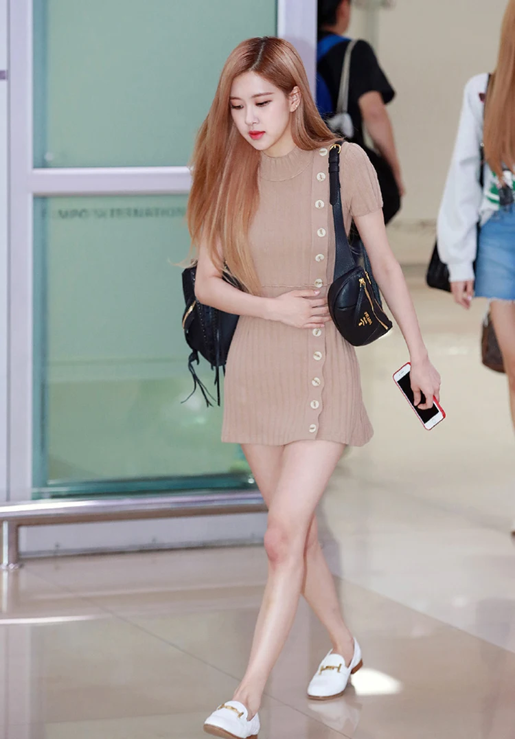 Kpop Blackpink ROSE/Летняя уличная одежда с боковой пряжкой, плотные сплетенные сумки, платье в стиле хип-хоп, женские корейские сексуальные платья с коротким рукавом для девочек