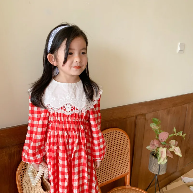 

Spring New Arrival Korean style girl's plaid dress embroidered lace collar princess dress girl's long sleeve dress for baby girl