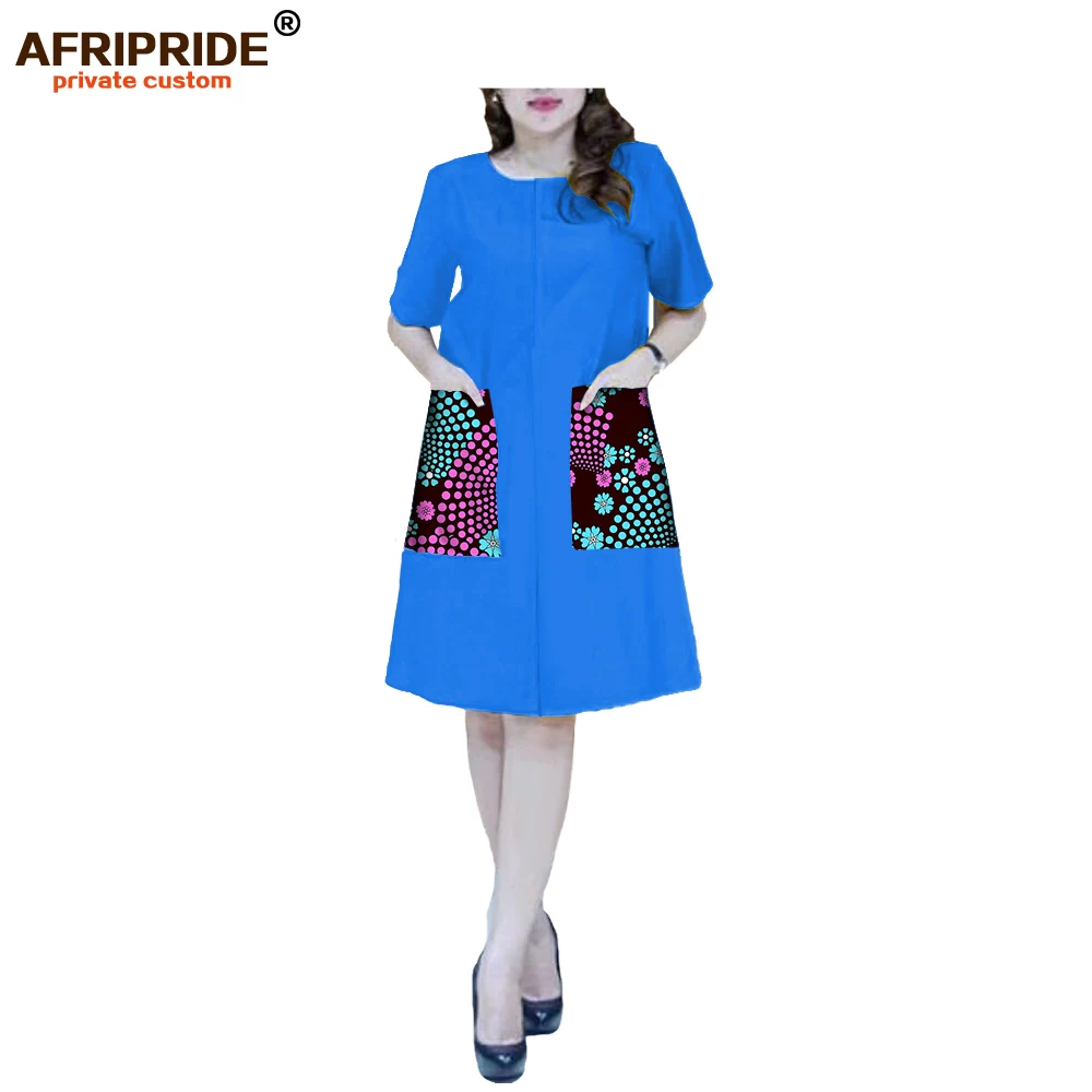 

2018 african autumn dress for women AFRIPRIDE short sleeve O-neck knee-length zipper casual dress with 2 big pockets A7225122