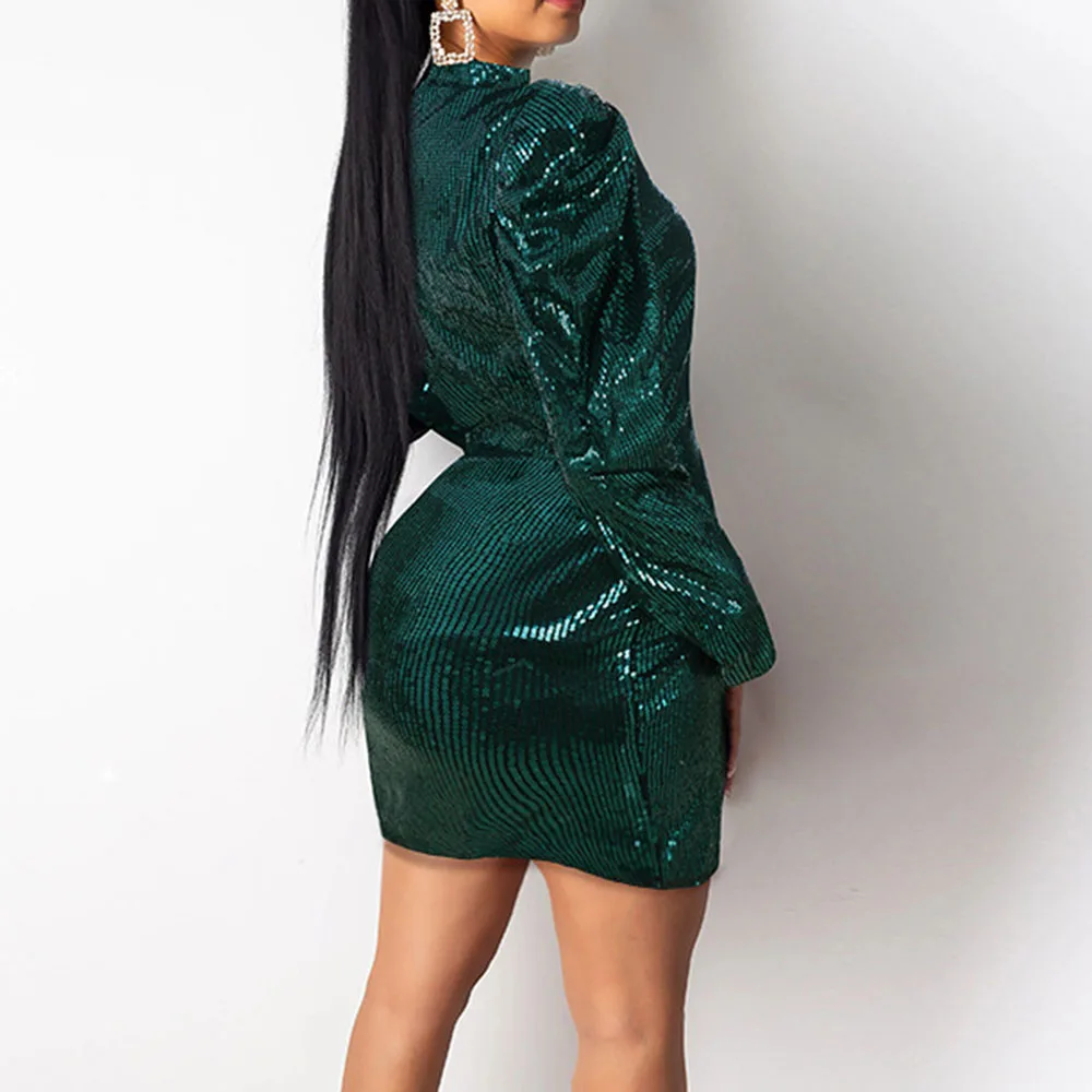

Dress 2021 Spring New Women's Casual Long Sleeve Stand Neck Solid Green Office Dress Female Elegant Casual Party Dresses