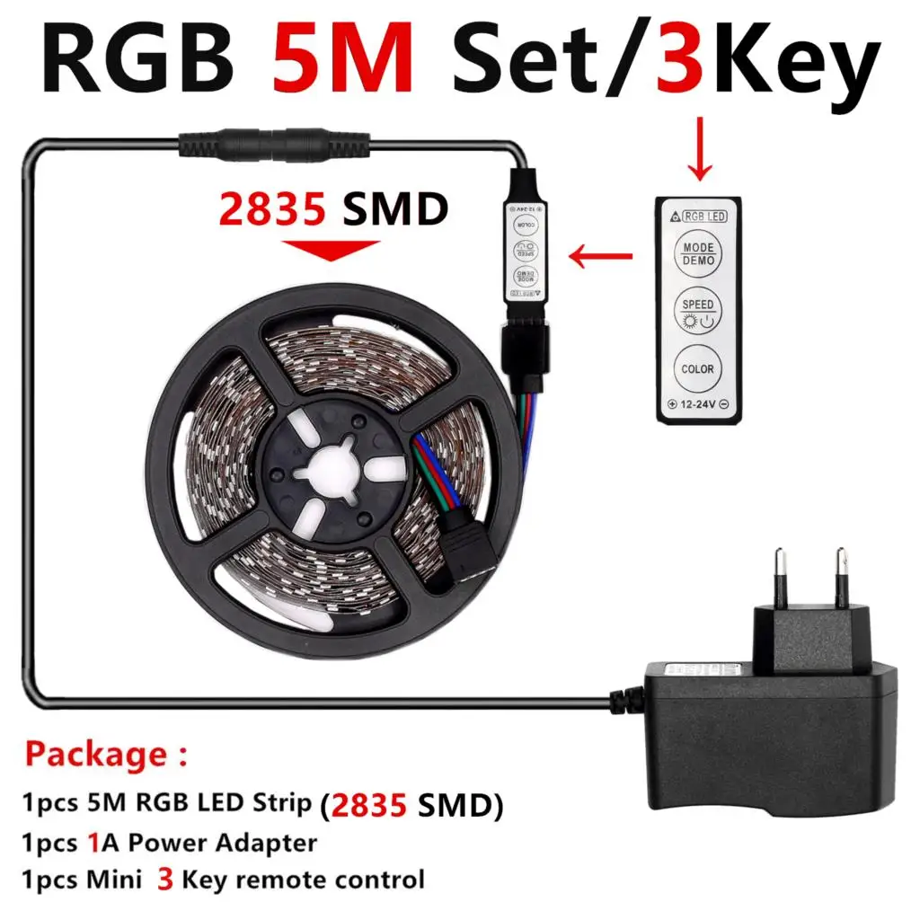 2835 LED 5M 3Key Set RGB Светодиодная лента RGB 5050 SMD 2835 гибкая лента светодиод RGB 5 м 10 М лента диод DC 12 В адаптер дистанционного управления - Испускаемый цвет: 2835 LED 5M 3Key Set