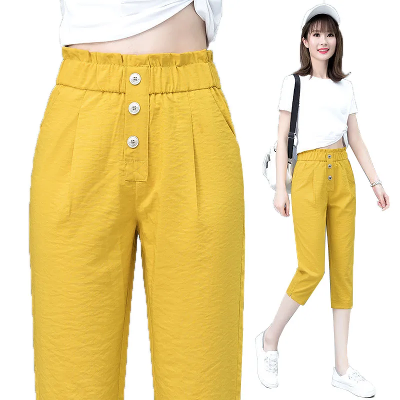 

Women's Imitation Ice Silk Summer linen Pants 2021 New All-Match High-Waist Seven-Point/Nine-Point Harlan Casual Female Pants D