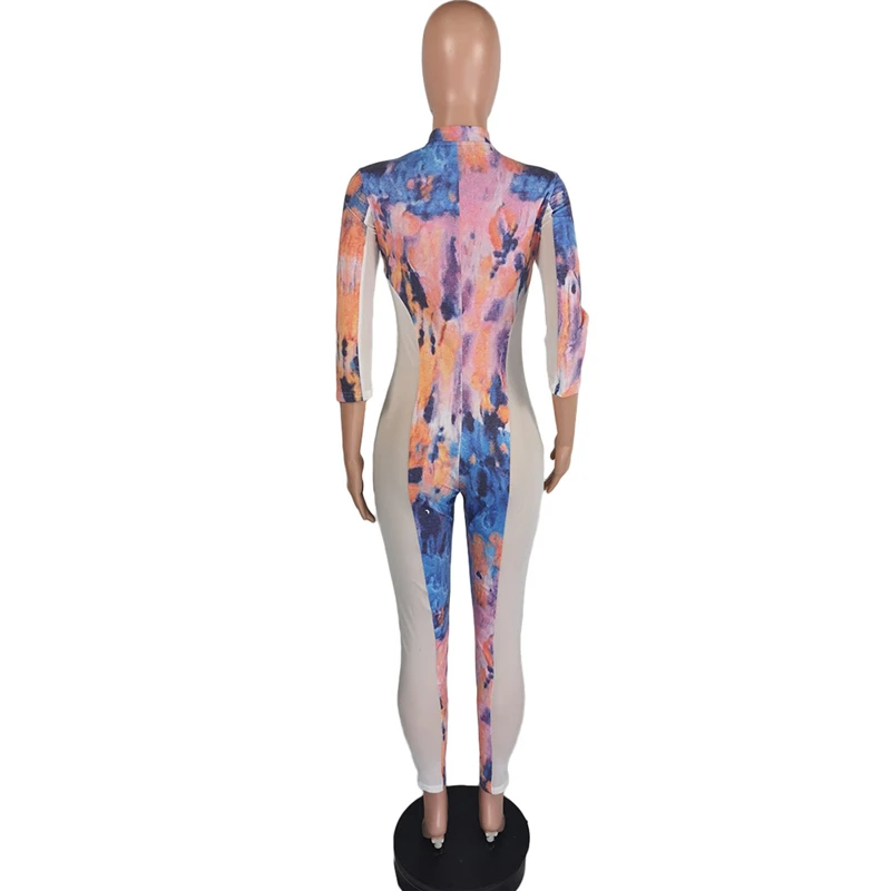 

5 colors Fashion Women Fashion Tie Dye Printed Wrap Jumpsuit V Neck Zipper Long Sleeve sexy Mesh Long Romper Pants 2020