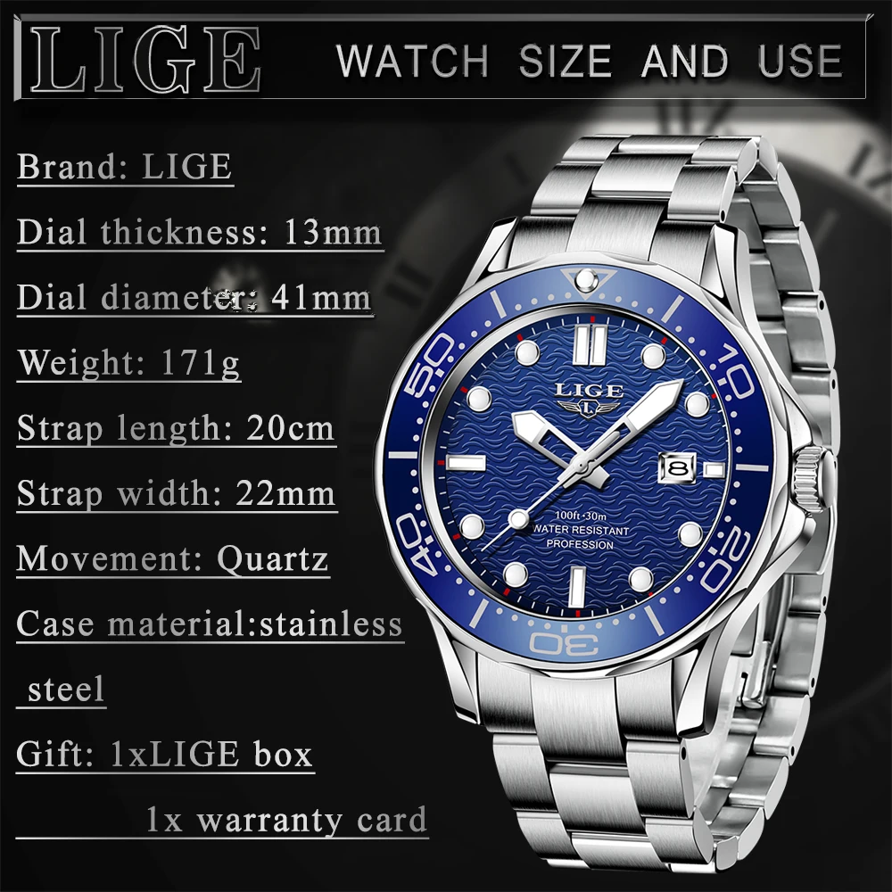 

LIGE 2021 New Men Watches Top Brand Luxury Blue Stainless Steel Quartz Watch Men Waterproof Sport Chronograph Relogio Masculino