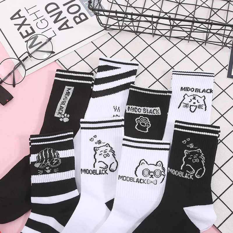

Cotton Cool Cat Cartoon Funny Socks Women Hip Hop Harajuku Kawaii Socks Korean Style Black/White Art Creative Cute Sokken Femme