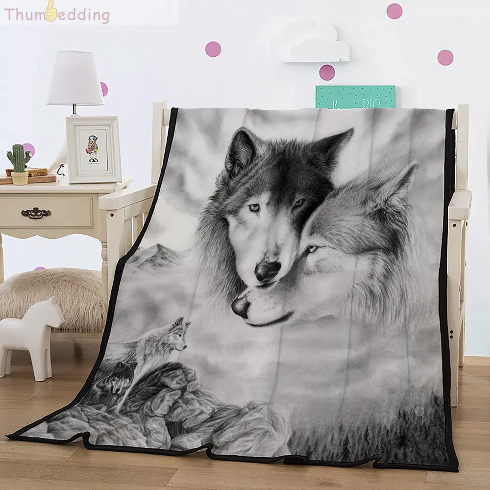 Thumbedding Couple Wolf 3D Flannel Blanket Animal White Black Throw Comfortable Material Soft Touching Bedspread | Дом и сад