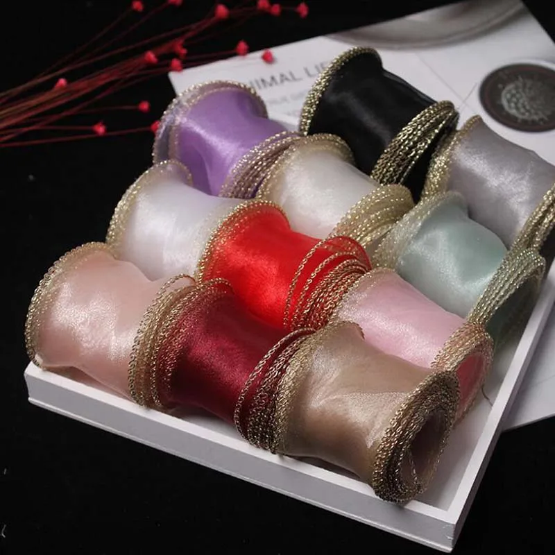 

54Yards Bilateral Handicrafts Embroidered Net Lace Trim Gold Edge Mesh Ribbon Wedding Birthday Christmas Bow Decorations 5cm