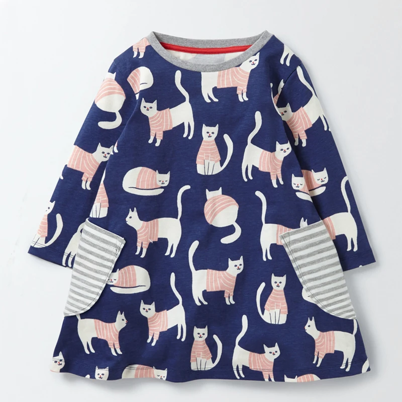 Children Dress 2020 New Europead &amp American Style Kids Animals Pattern Striped Pocket Princess Girl Dresses 2-7Y | Детская одежда и