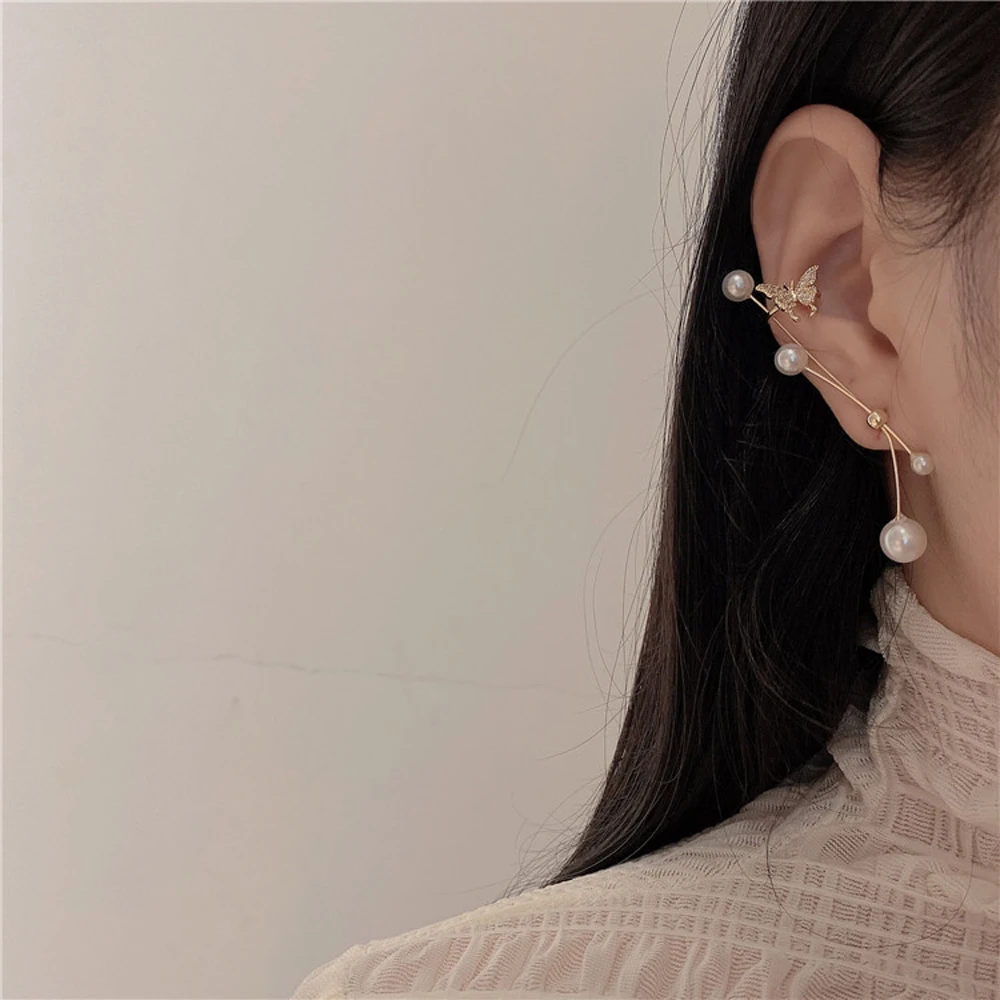 

New Fashion Pearl Earcuff Butterfly Wedding Earring Crystal Stud Earrings for Woman Asymmetric Earrings Jewelry