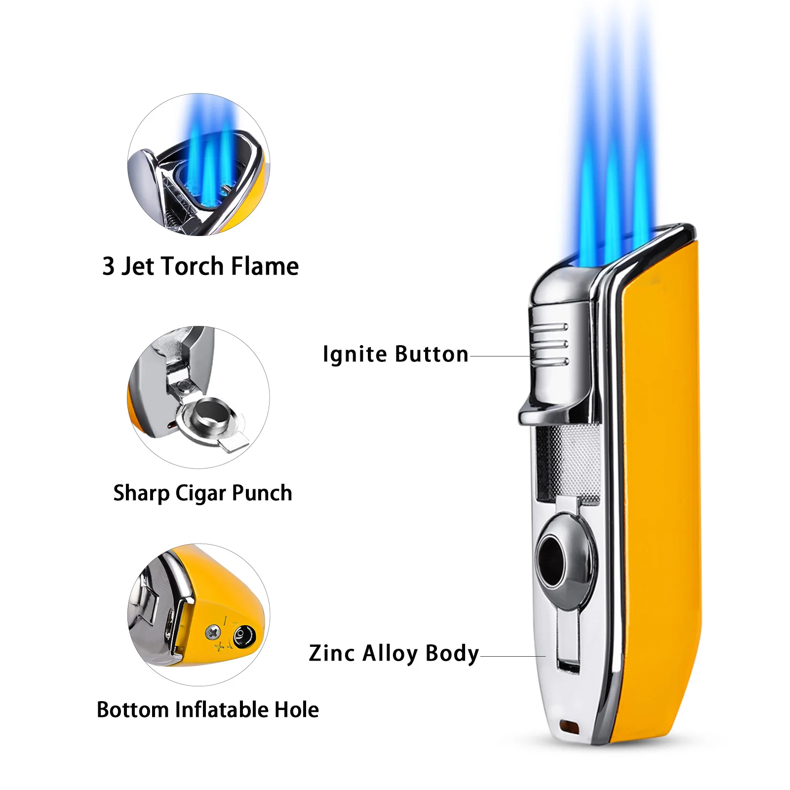 

3 Torch Lighter Metal Windproof Adjust Fire Cigar Lighters Build With Puncher Lighters Smoking Gadgets With Gift Box