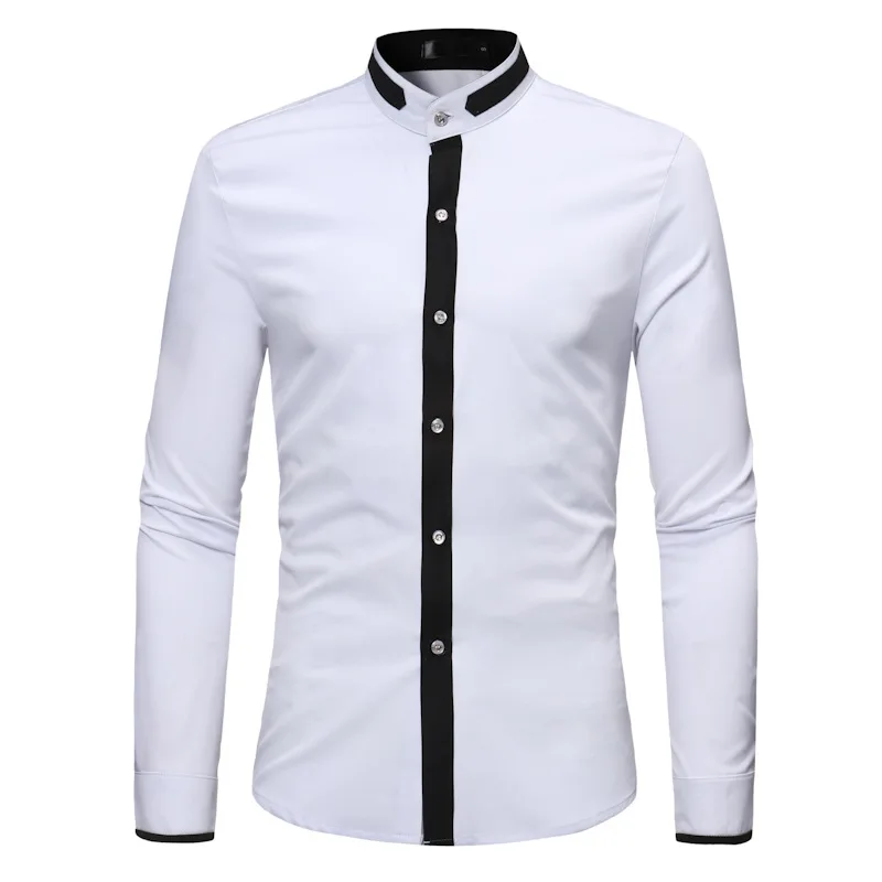 Men's Hipster Banded Collar Dress Shirts 2022 Autumn New Slim Fit Long Sleeve Chemise Homme Casual Constrast Color Shirt Male