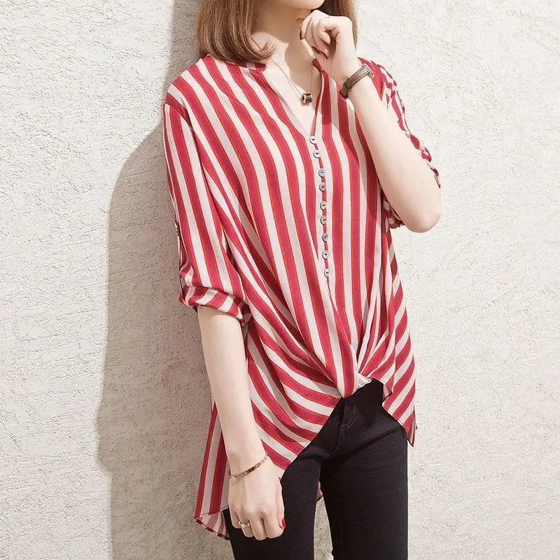 

Женская Полосатая шифоновая рубашка, дизайнерская шифоновая рубашка, рубашка на весну и осень, рубашка в иностранном стиле в Корейском стил...