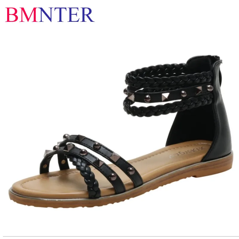 

BMNTER 2021 New Summer Fashion Flat Beach Shoes All-match Soft-soled Flat-heel Ethnic Style Ladies Roman Shoes Zapatos De Mujer