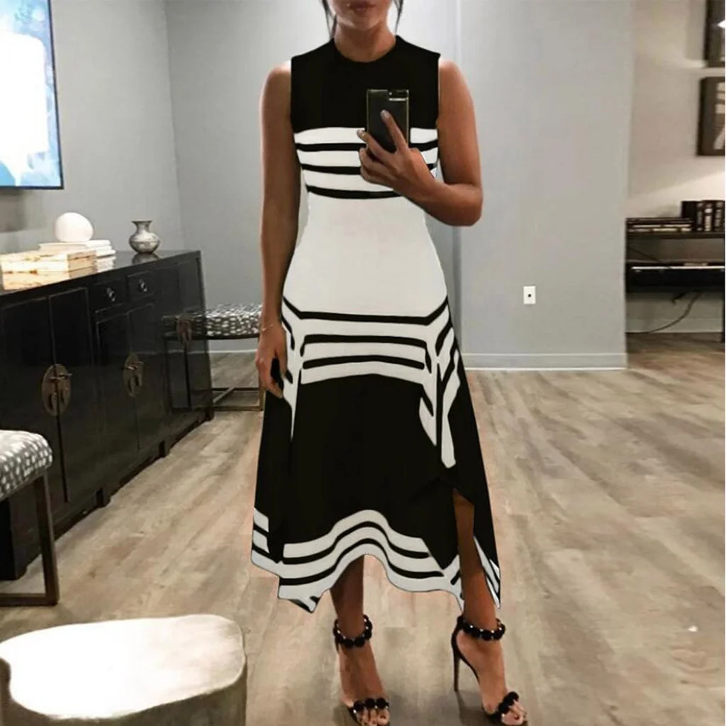 Elegant Striped Print Women Dress Side Split O-Neck Sleeveless Fitted Waist Casual Tank Summer Office Lady Plus Size | Женская одежда