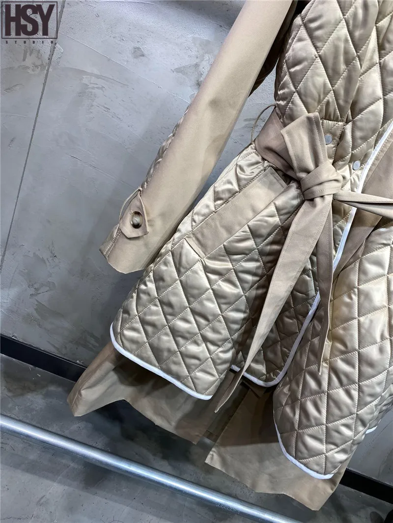 【HSY】2019 Осень Зима Новая Женская Хаки стеганая куртка с поясом клетчатая