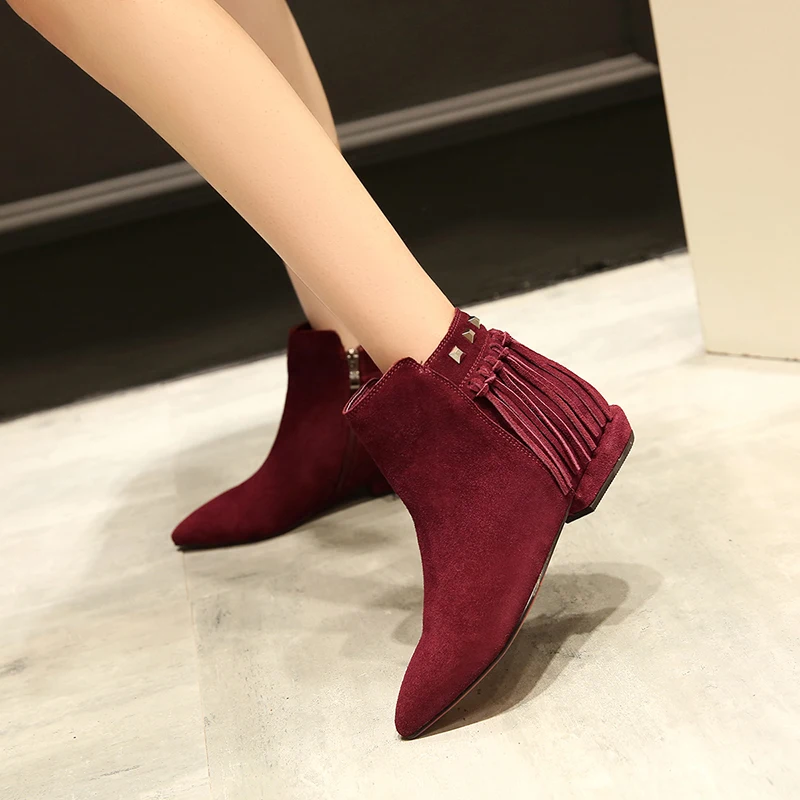 

EGONERY Women winter New Style Slope Heel Ankle boots rivet and fringe decoration Concise Mature ventilation Pointed Toe