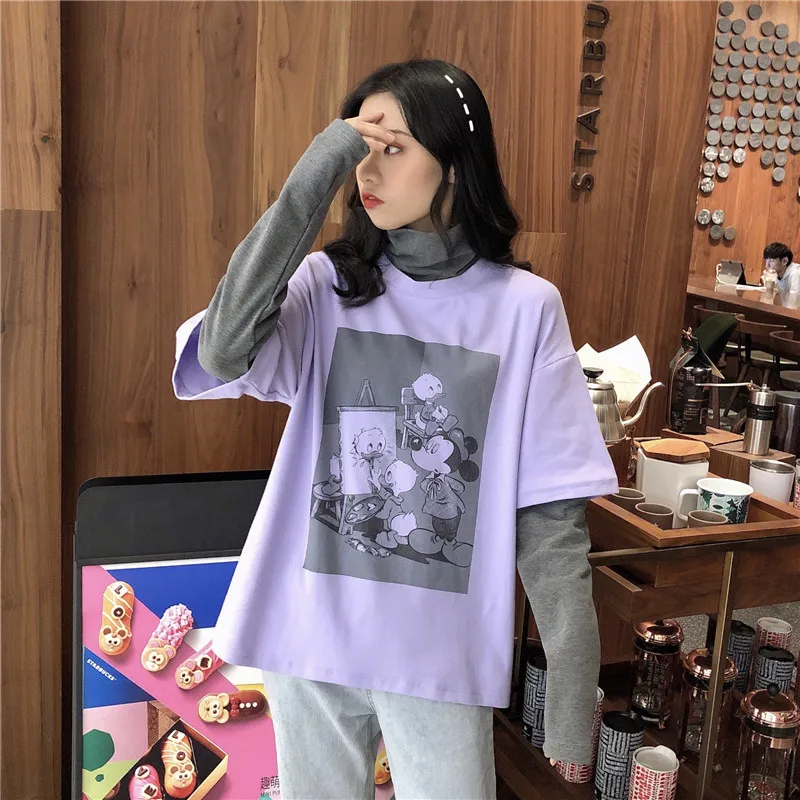 

Spring Mickey Fake Two-Piece Ins Long-Sleeved T-shirt Women's Korean-Style Loose BF Idle Style Chic Early Autumn Msschf