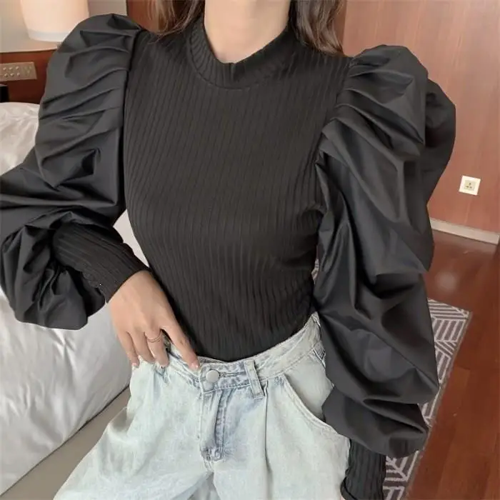 Лоскутные вязанные черные женские свитера с рюшами круглым вырезом и пышными