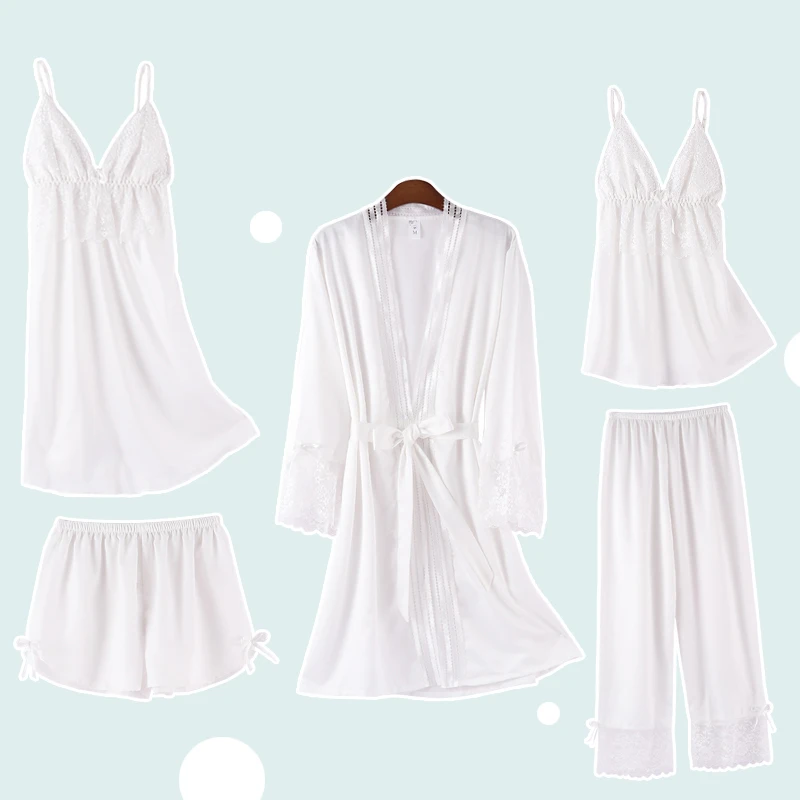 

Women Robe Set Satin Silky 5PCS Sleepwear Spring Autumn New Bathrobe Lace Patchwork Kimono Gown Nightwear Intimate Lingerie
