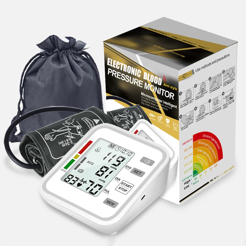 Brazo Digital tensiómetros automática Monitor de presión arterial esfigmomanómetro tensiómetro casa atención médica con voz