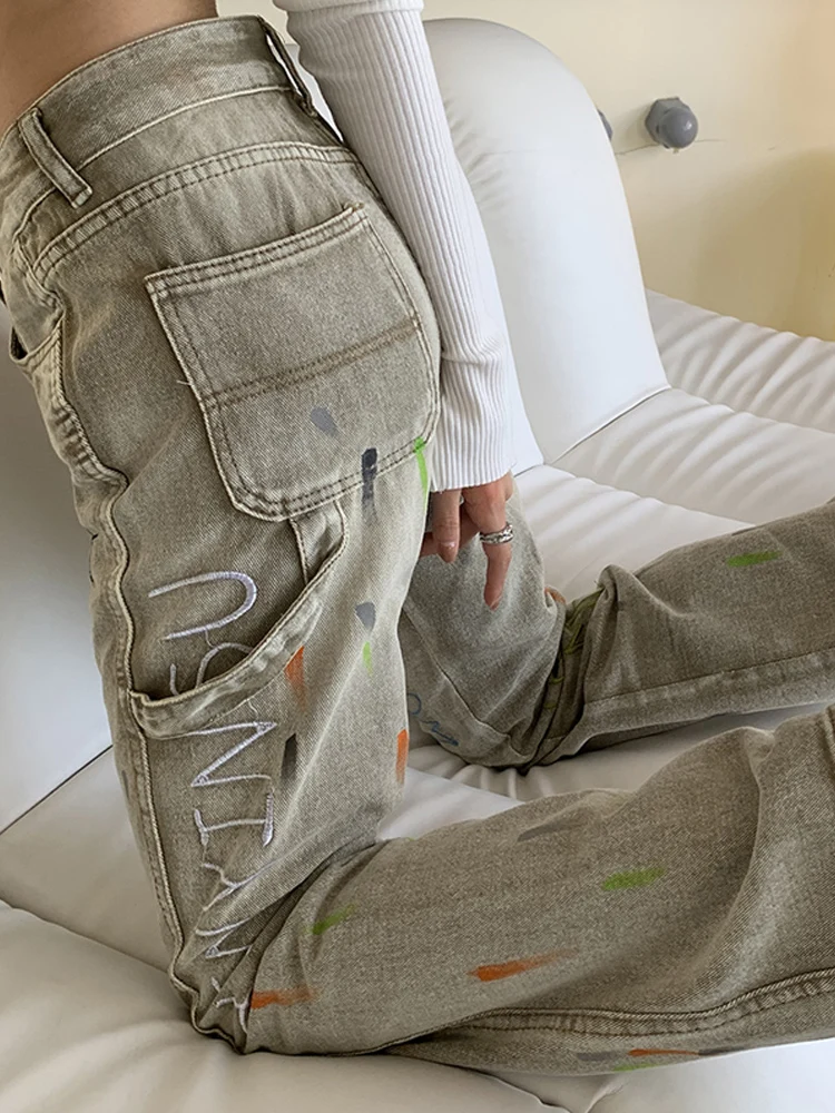 

Женские прямые джинсы свободного кроя с высокой талией и широкими штанинами, Осень-зима 2021, повседневные брюки, дизайнерские Роскошные джин...