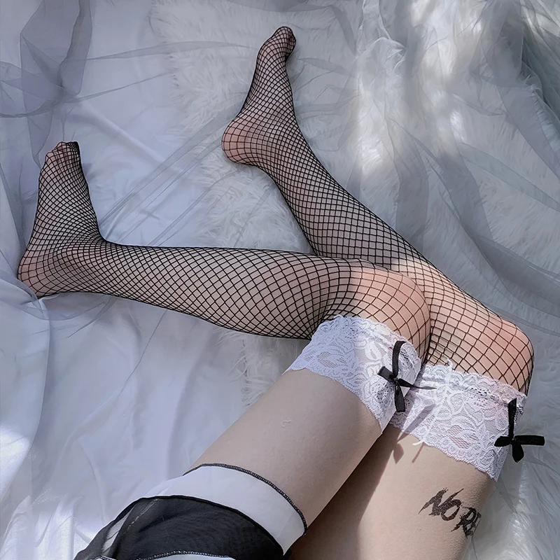 

Black Mesh White Lace Top Stockings 2021 Fashion Women Girl Thigh Highs Fishnet Sexy Stocking dropshipping medias de mujer