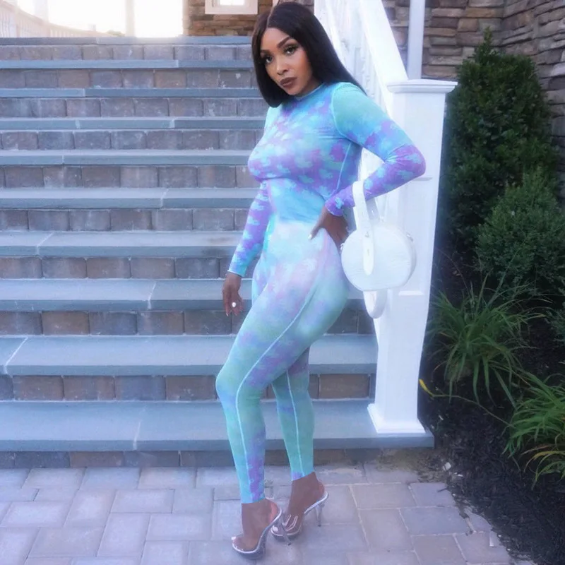 

Floral Tie Dye Print Bodycon Rompers Womens Jumpsuit Long Sleeve Fashion Fitness Sporty Workout One Piece Bodysuit Plus Size